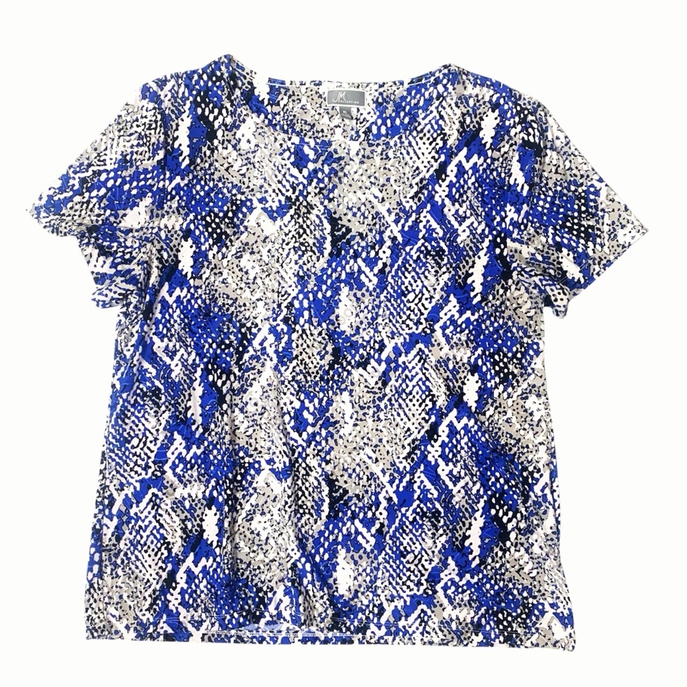 JM Collection Top Womens XL Blue White Textured Short Sleeve Blouse Animal Print